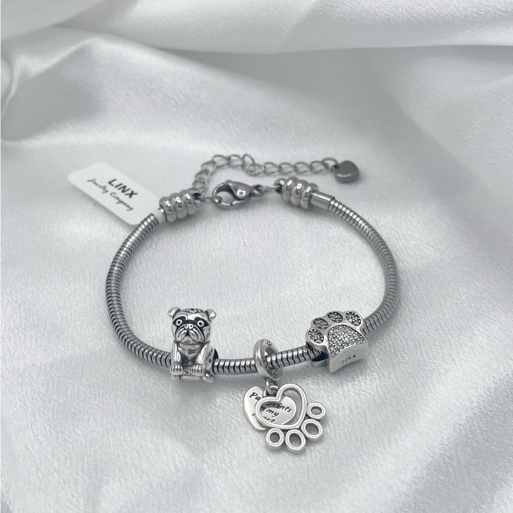 Linx Stainless Steel charm bracelet with extender Pug Dog Themed Charms